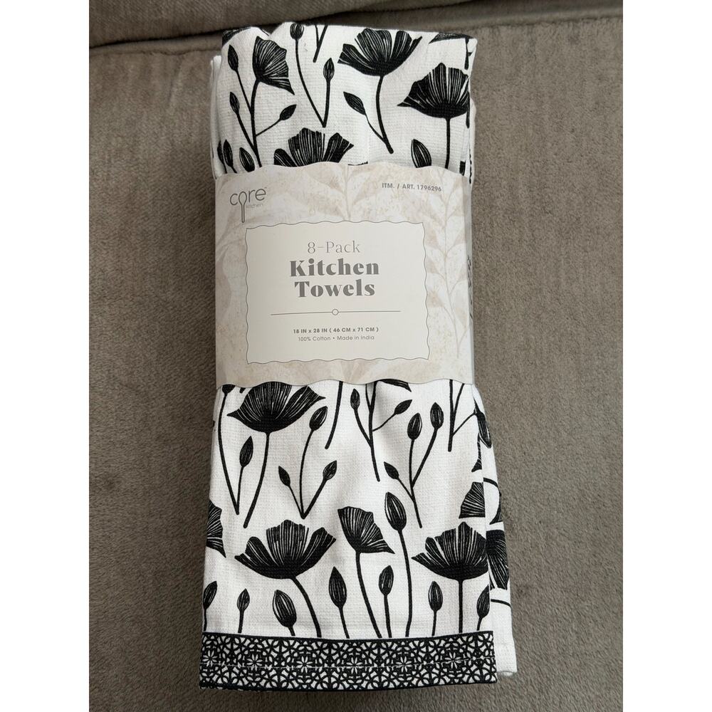 Core 8 pk 100% Cotton Kitchen Towel Set, Black & White